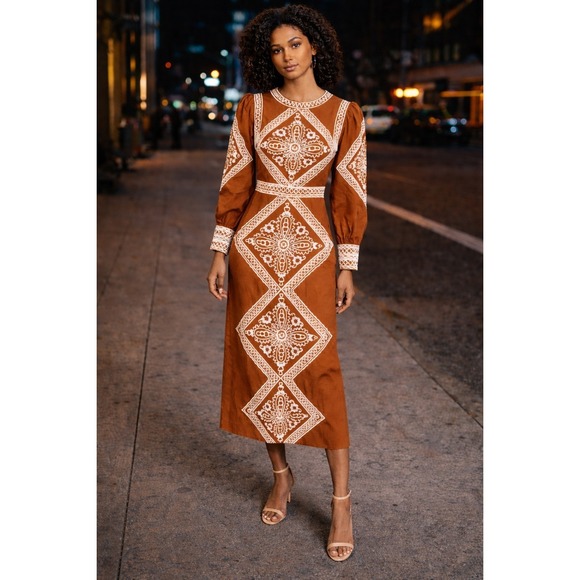 Sezane Dresses & Skirts - Sézane Calitta Embroidered Midi Dress Caramel Ecru Boho French Chic